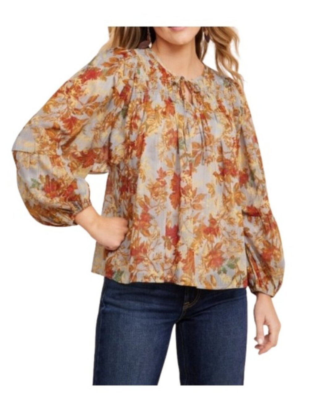 Maurices Plus Blouson Sleeve Blouse Metallic Sheer NWT Leaf Print Fall Autumn